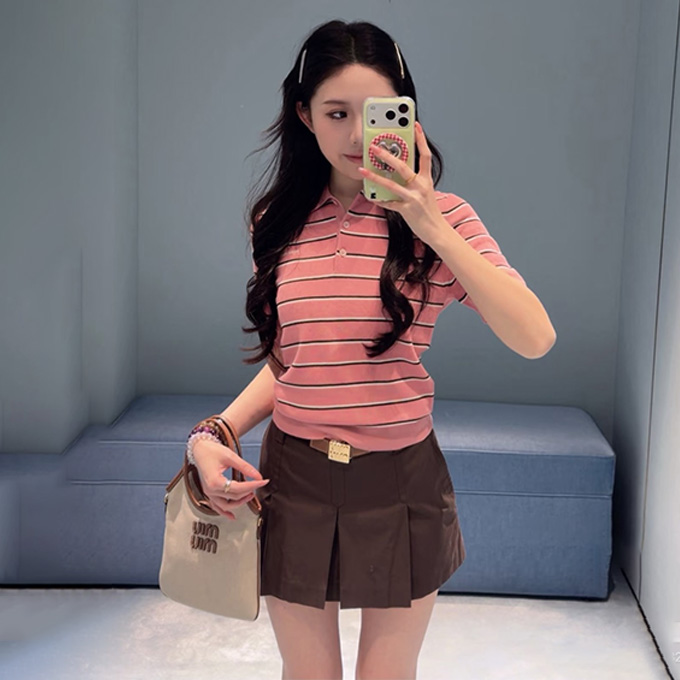miu miu multicolor stripe polo collar short sleeve knit top